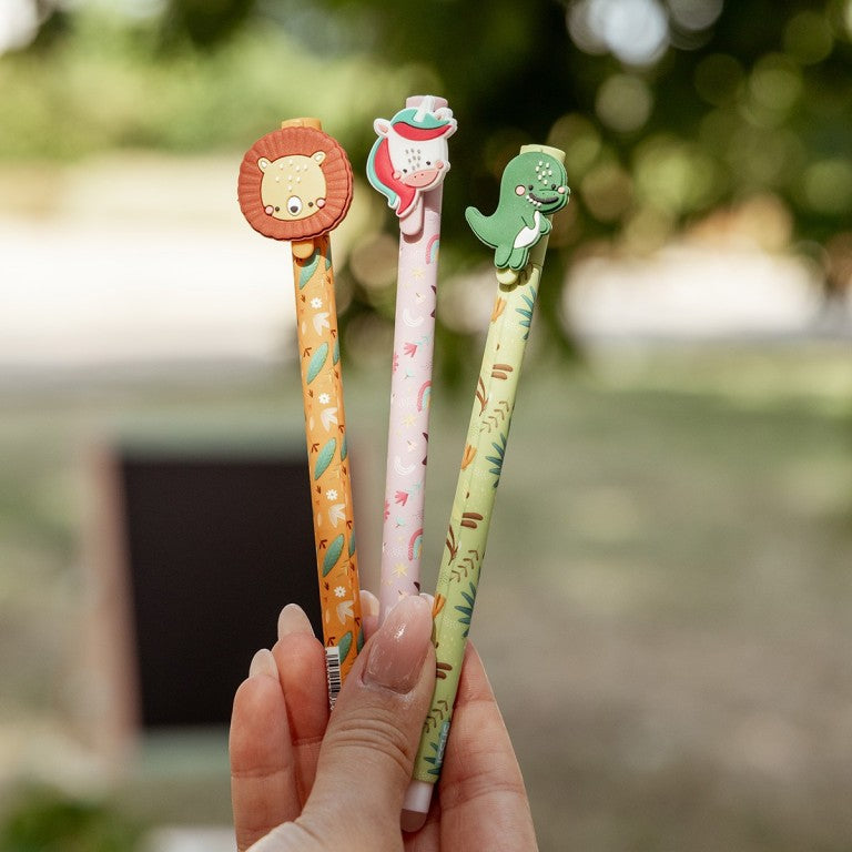 Set de 3 bolígrafos de gel borrables - Unicornio, Dinosaurio y León