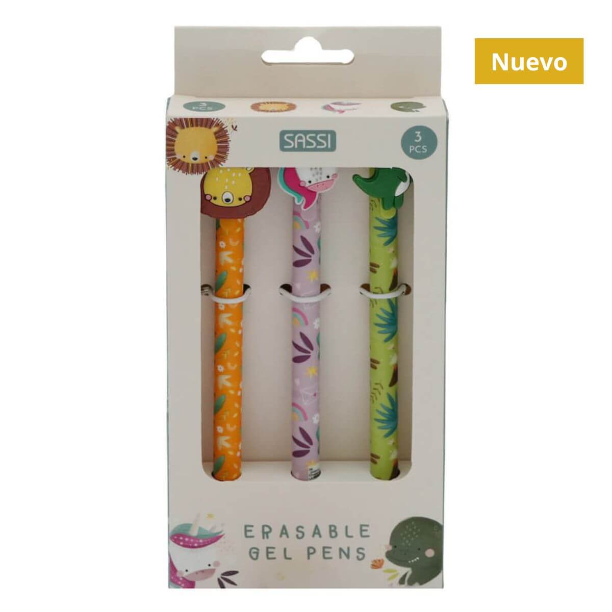 Set de 3 bolígrafos de gel borrables - Unicornio, Dinosaurio y León